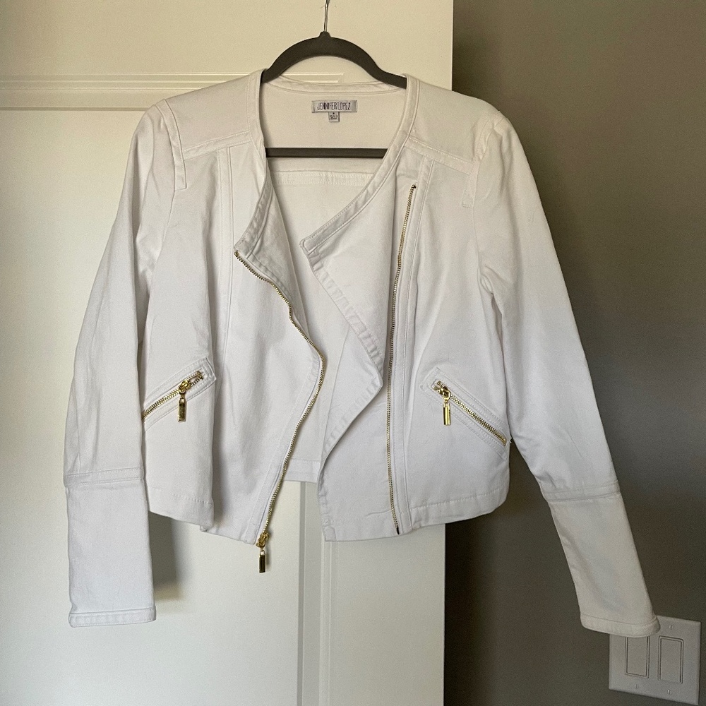 Jennifer Lopez White Jean Jacket with Gold Zippers (Size M)